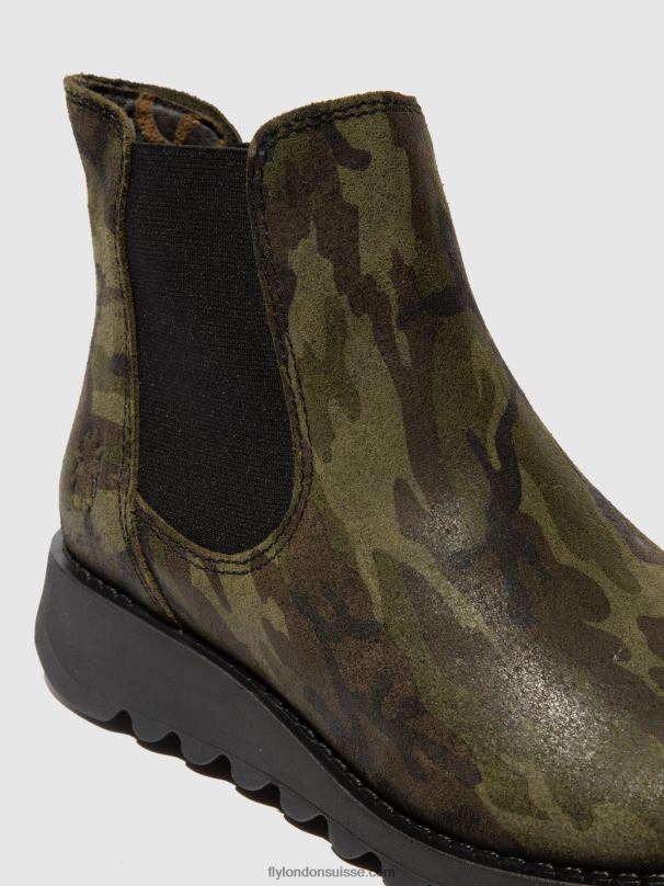 860NR218 bottines chelsea Fly London salv camouflage vert militaire femmes